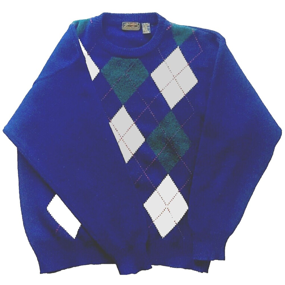 Eddie Bauer Vtg Argyle Sweater Shetland Wool Blue XL Mens Golf Preppy Academia - Picture 2 of 12